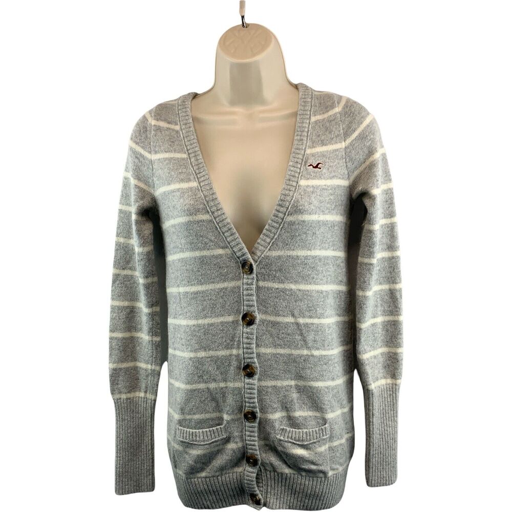 Hollister Girls Youth Cardigan Sweater Sz Medium Gray V-Neck Long Sleeve Striped